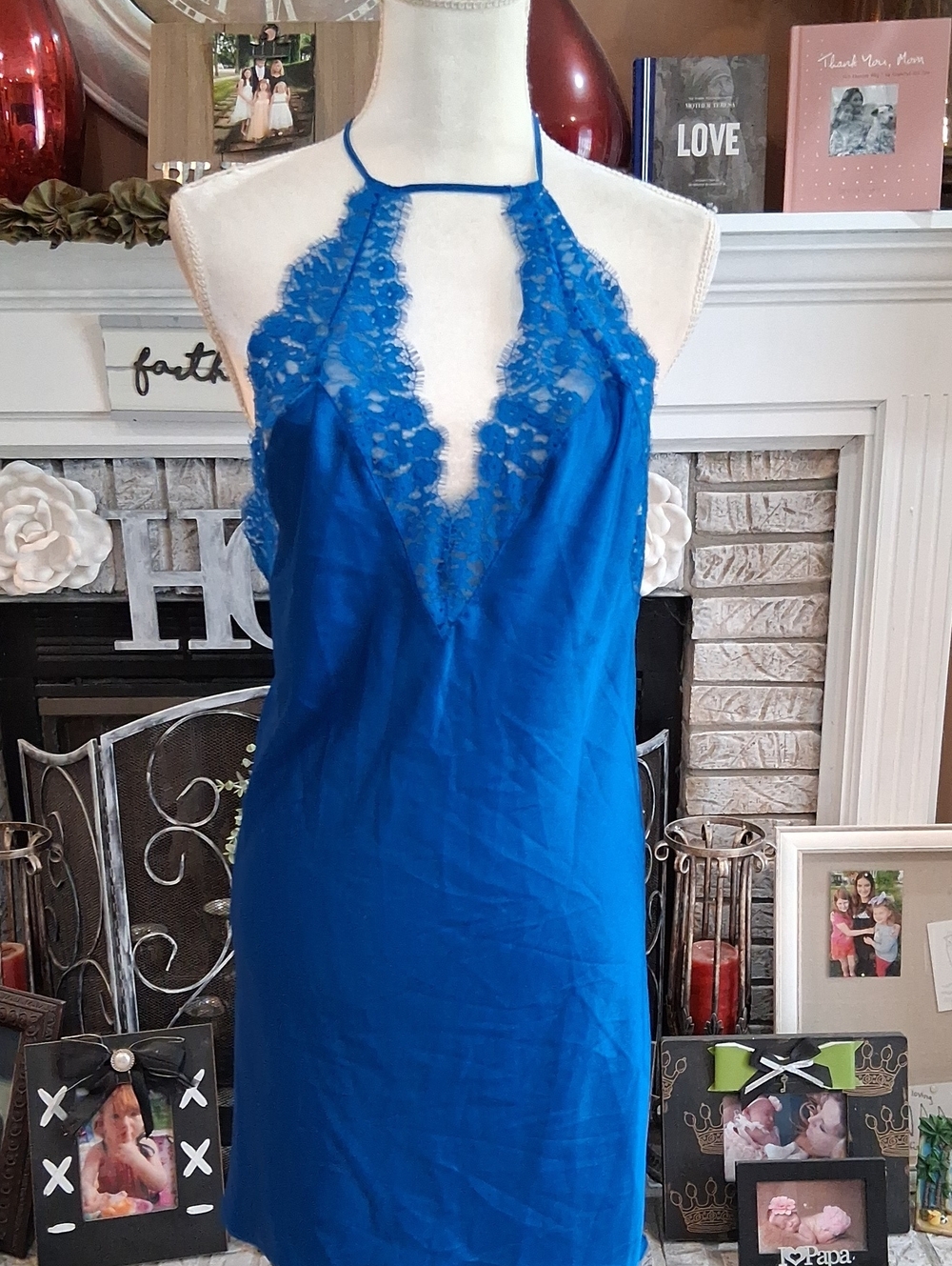 Victoria's Secret Royal Blue Lace Trim Slip Chemise Size L